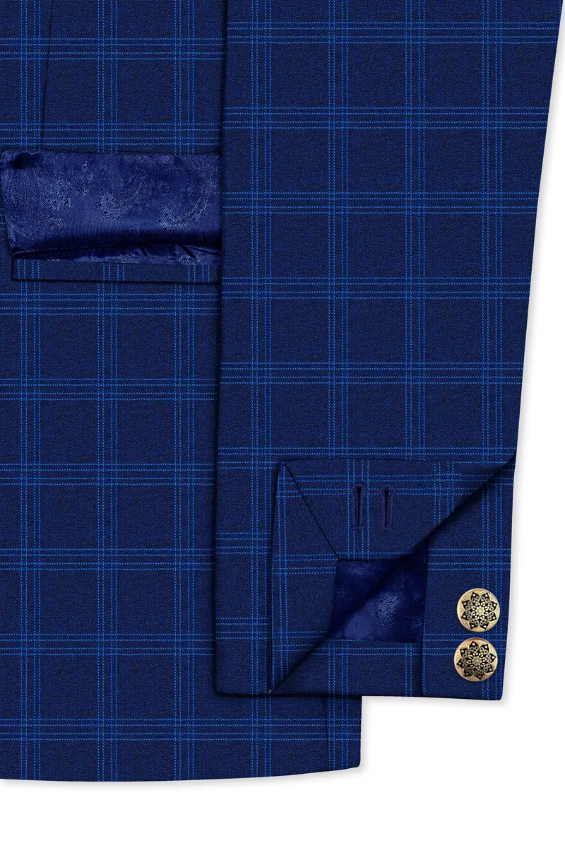 Baltic Sea Blue Windowpane Cross Placket Bandhgala Blazer 5