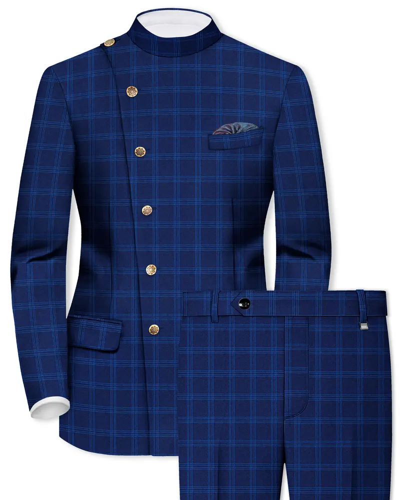 Baltic Sea Blue Windowpane Cross Placket Bandhgala Suit 1