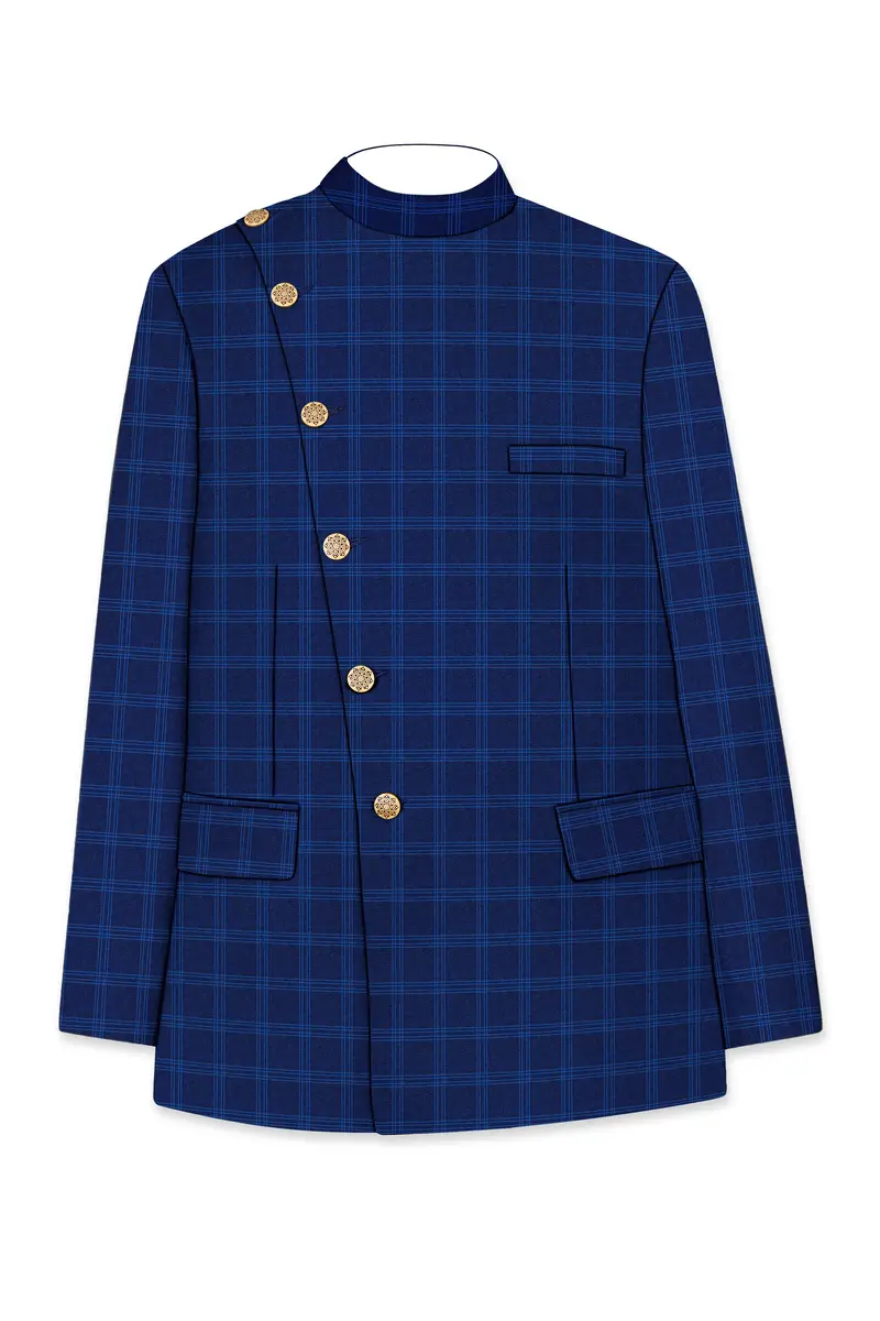 Baltic Sea Blue Windowpane Cross Placket Bandhgala Suit 7