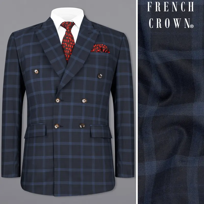 Baltic Sea Blue Windowpane Double Breasted Blazer 1