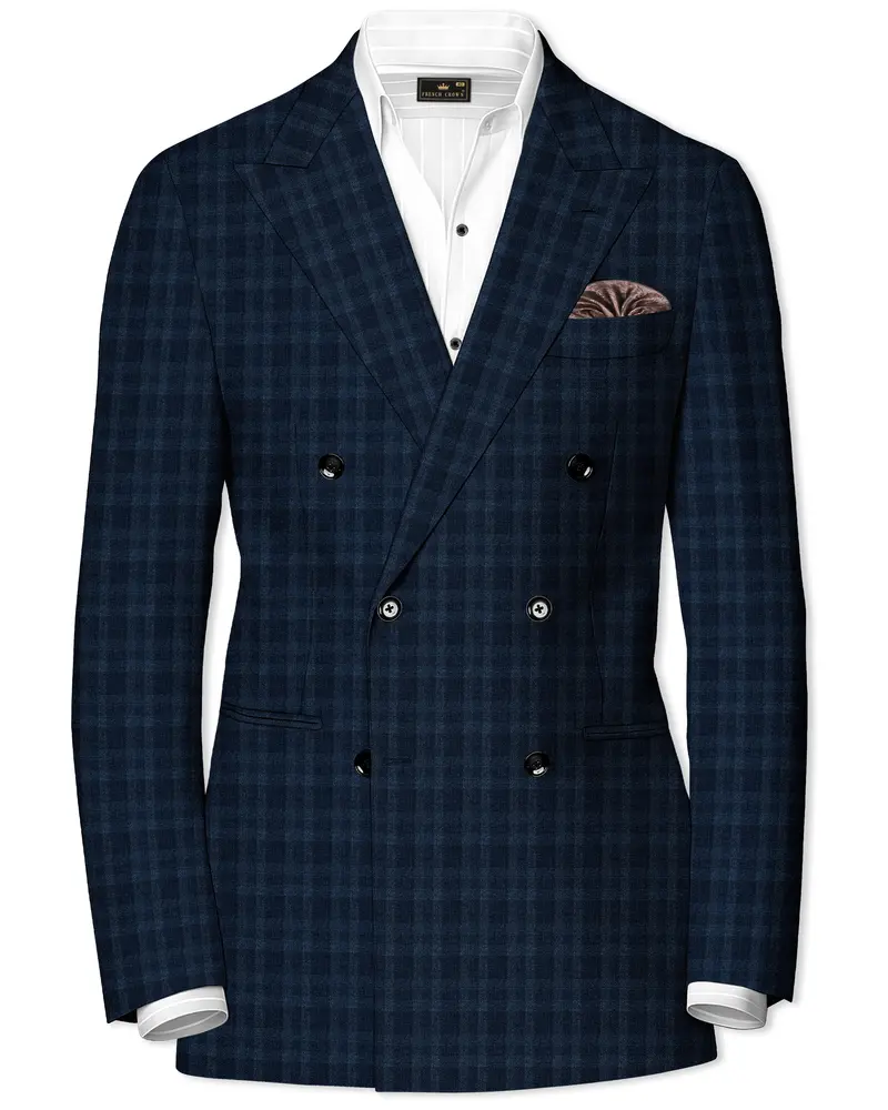 Baltic Sea Blue With Tuna Blue Checkered Wool Rich Double Breasted Blazer 1