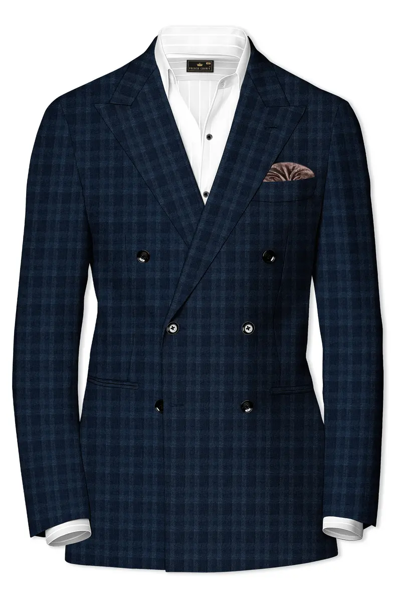 Baltic Sea Blue With Tuna Blue Checkered Wool Rich Double Breasted Blazer 2