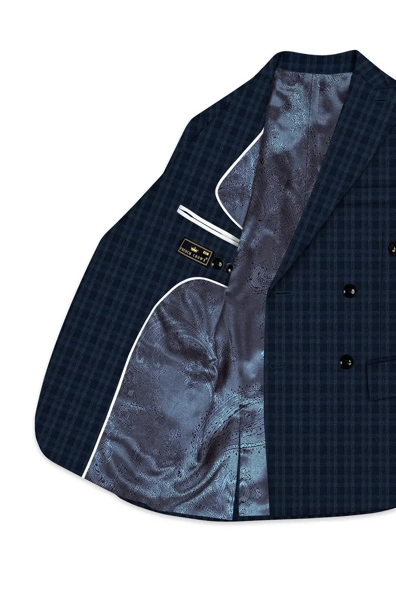 Baltic Sea Blue With Tuna Blue Checkered Wool Rich Double Breasted Blazer 5