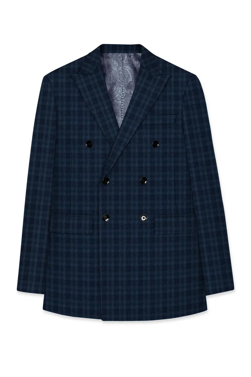 Baltic Sea Blue With Tuna Blue Checkered Wool Rich Double Breasted Blazer 7