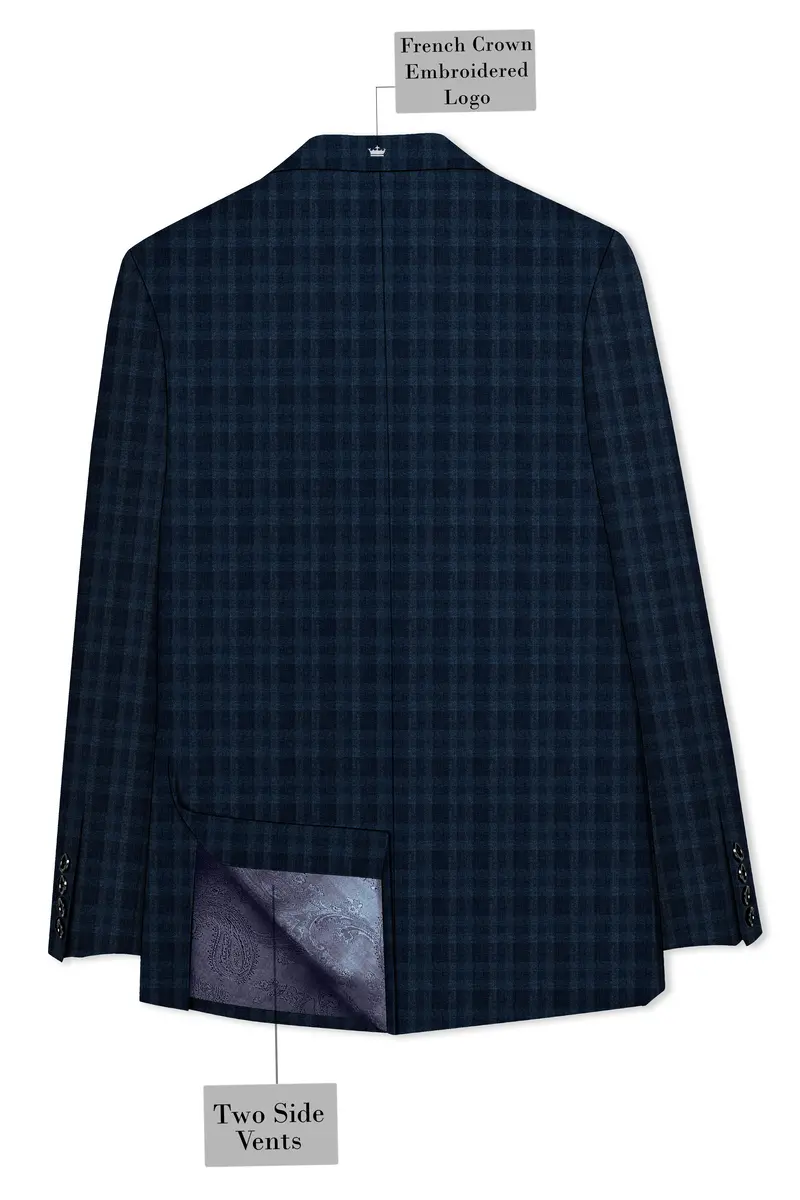 Baltic Sea Blue With Tuna Blue Checkered Wool Rich Double Breasted Blazer 8