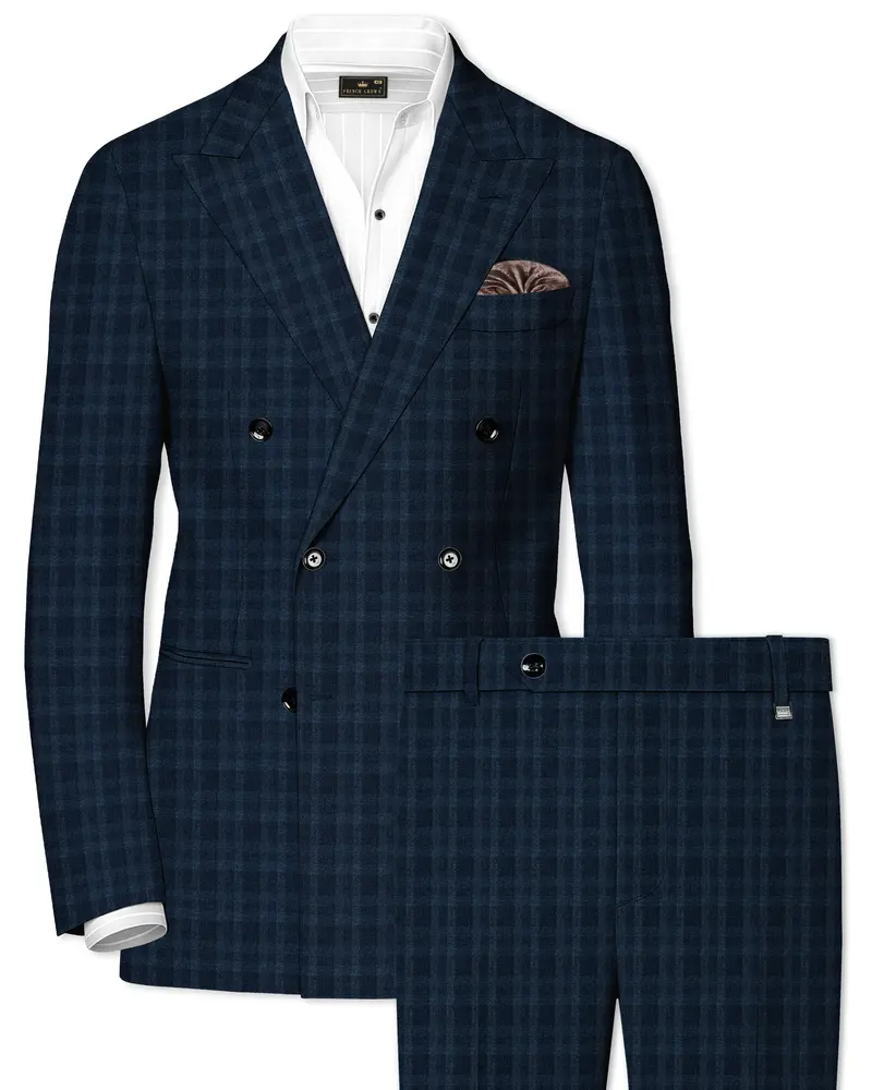Baltic Sea Blue With Tuna Blue Checkered Wool Rich Double Breasted Suit 1