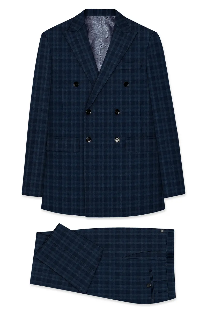 Baltic Sea Blue With Tuna Blue Checkered Wool Rich Double Breasted Suit 11