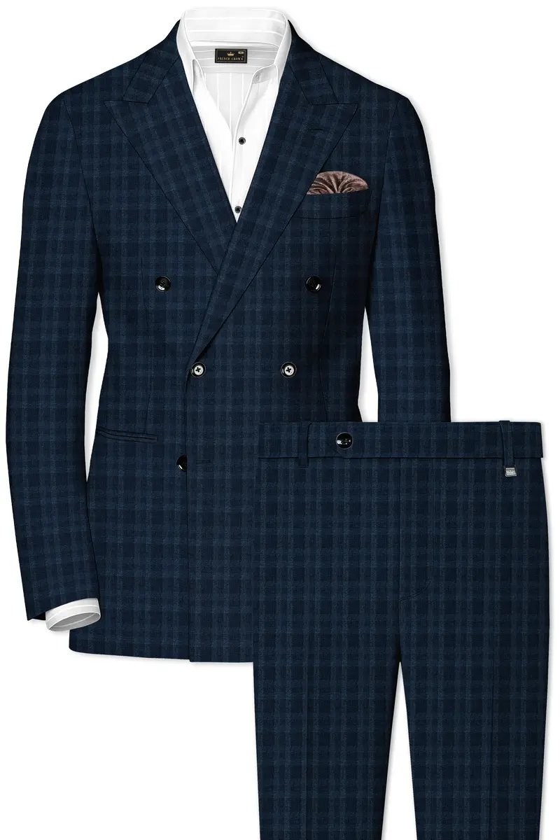 Baltic Sea Blue With Tuna Blue Checkered Wool Rich Double Breasted Suit 2