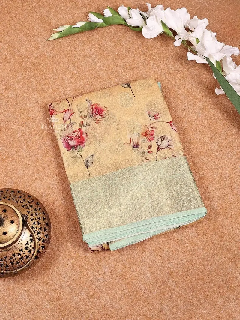Banarasi Apricot Orange Floral Design Saree 1