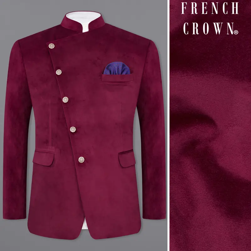 Barossa Maroon Cross Placket Bandhgala Velvet Blazer 1