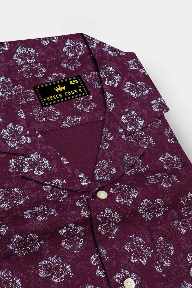 Barossa Maroon Floral Textured Luxurious Half Sleeves Linen Shirt 4