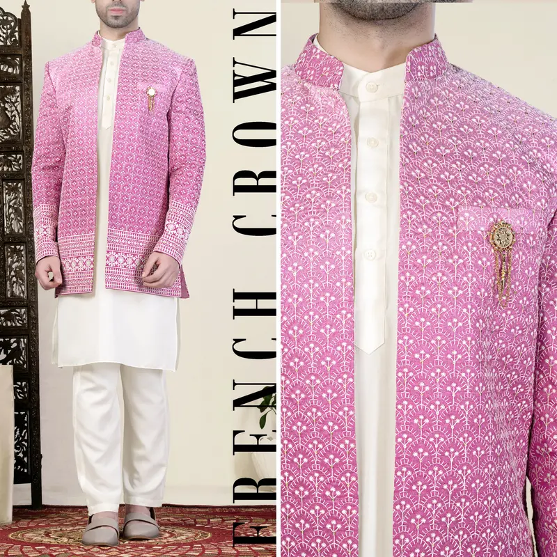 Bashful Pink And White Thread Embroidered Indo-Western 1