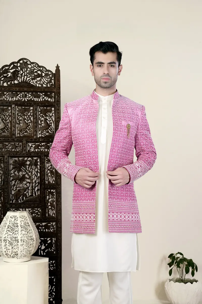 Bashful Pink And White Thread Embroidered Indo-Western 2