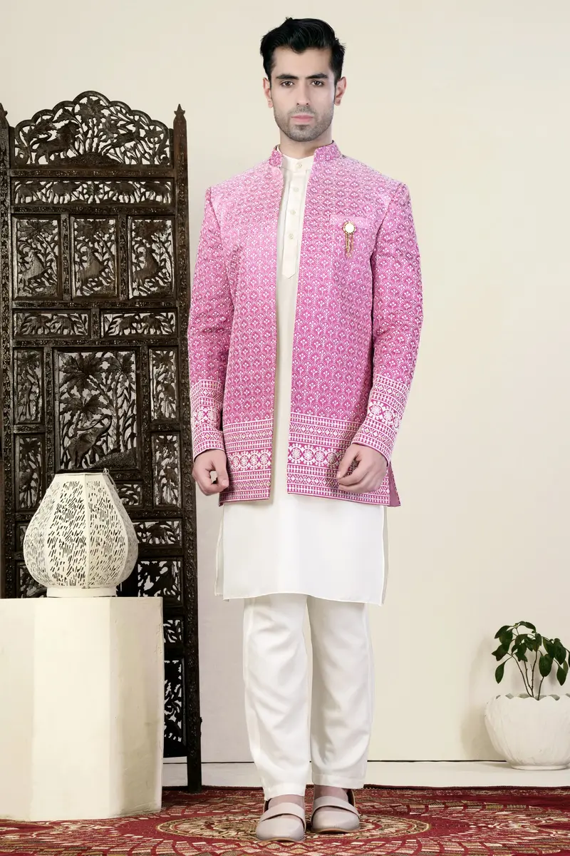 Bashful Pink And White Thread Embroidered Indo-Western 5