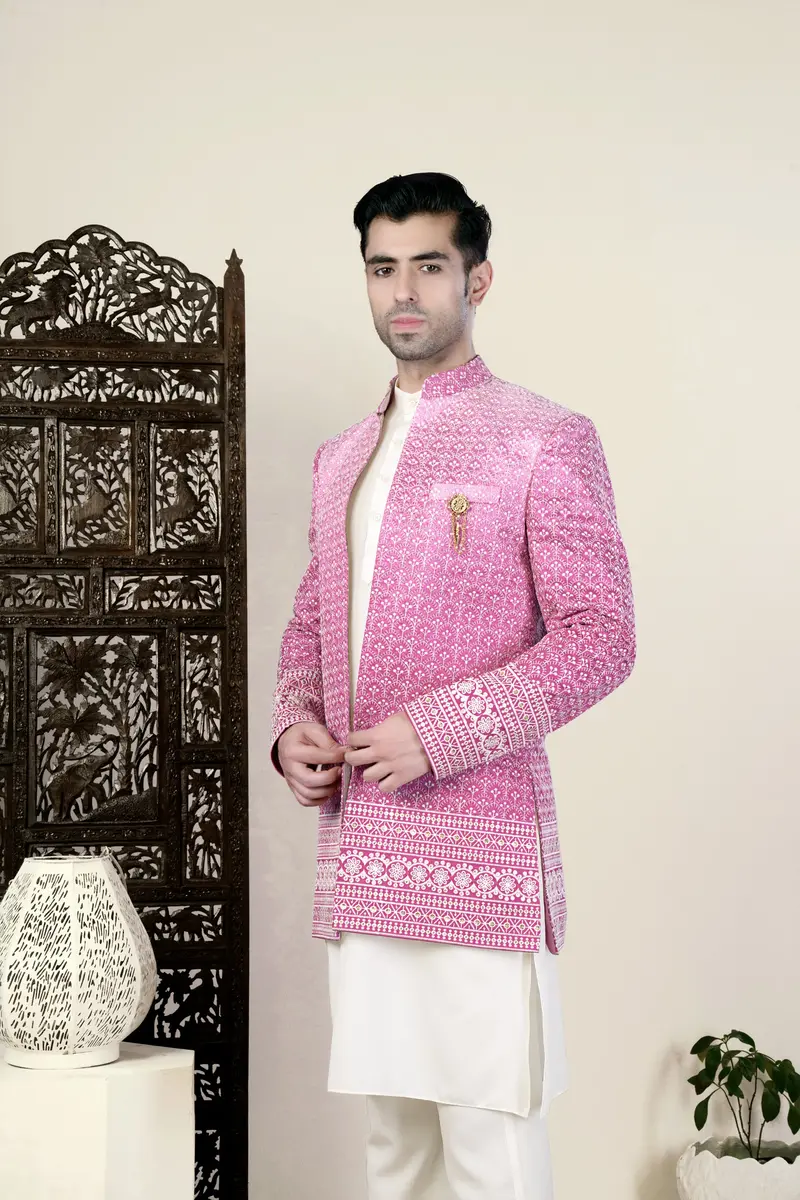 Bashful Pink And White Thread Embroidered Indo-Western 6