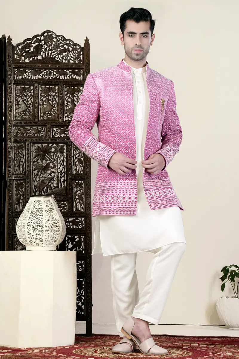 Bashful Pink And White Thread Embroidered Indo-Western 7