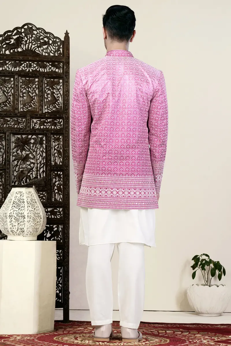 Bashful Pink And White Thread Embroidered Indo-Western 8