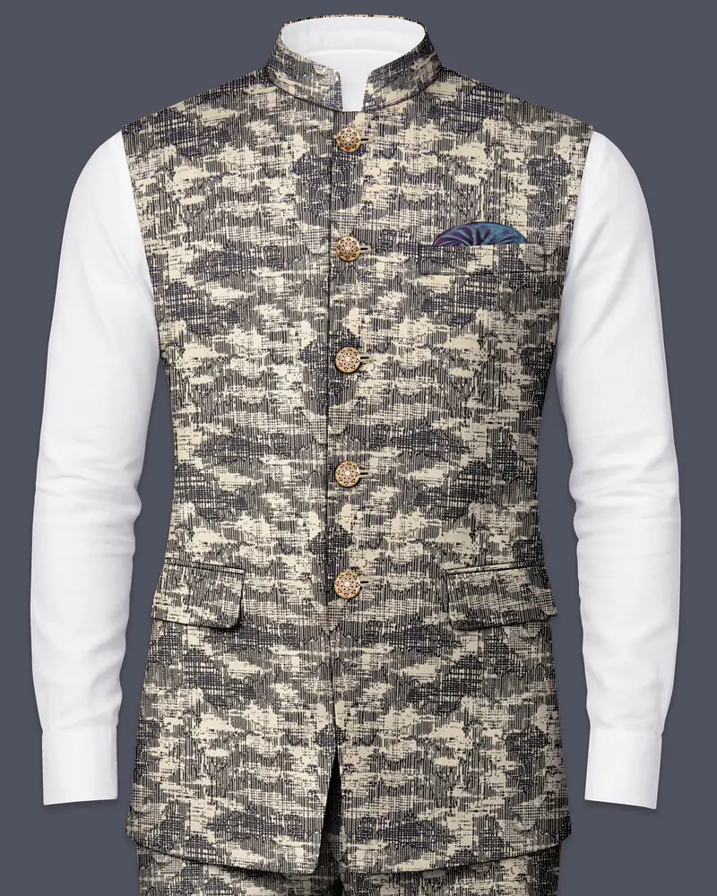Bastille And Champagne Beige Abstract Printed Nehru Jacket 1