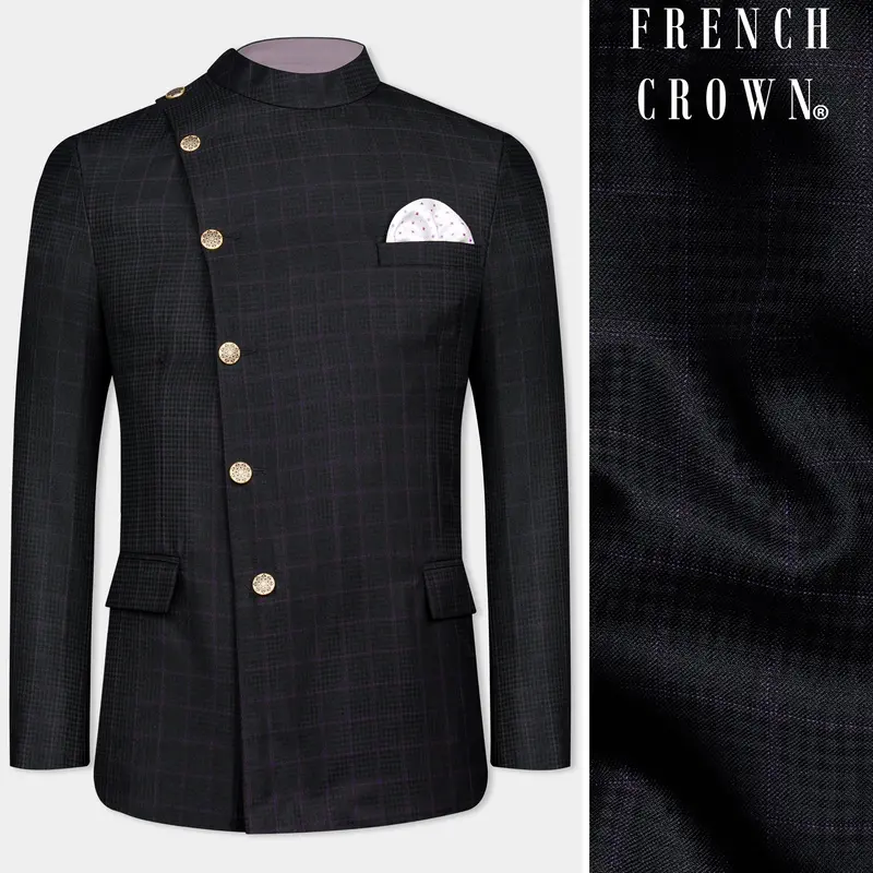 Bastille Black And Murasaki Purple Windowpane Cross Placket Wool Rich Bandhgala Blazer 1
