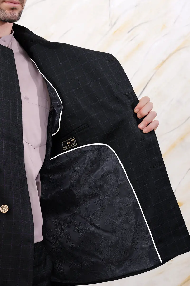 Bastille Black And Murasaki Purple Windowpane Cross Placket Wool Rich Bandhgala Blazer 6