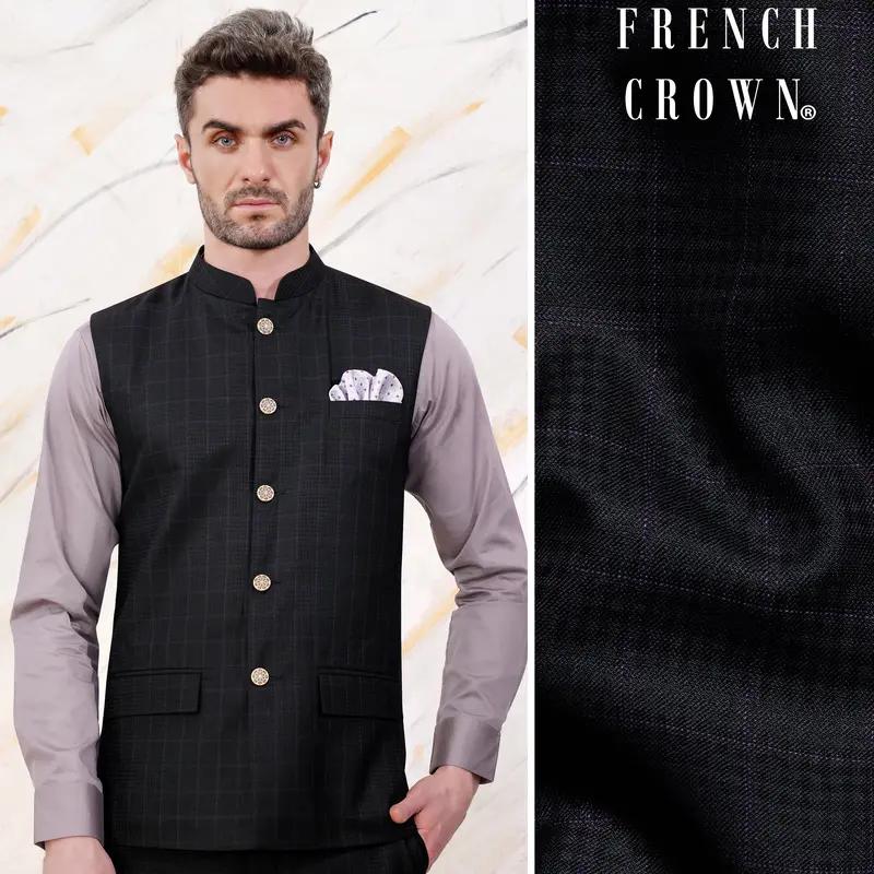 Bastille Black And Murasaki Purple Windowpane Wool Rich Nehru Jacket 1