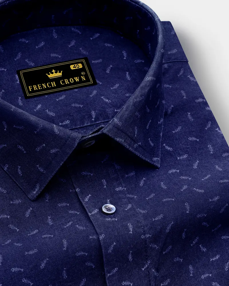 Bastille Blue Fish Printed Chambray Textured Premium Cotton Shirt 1