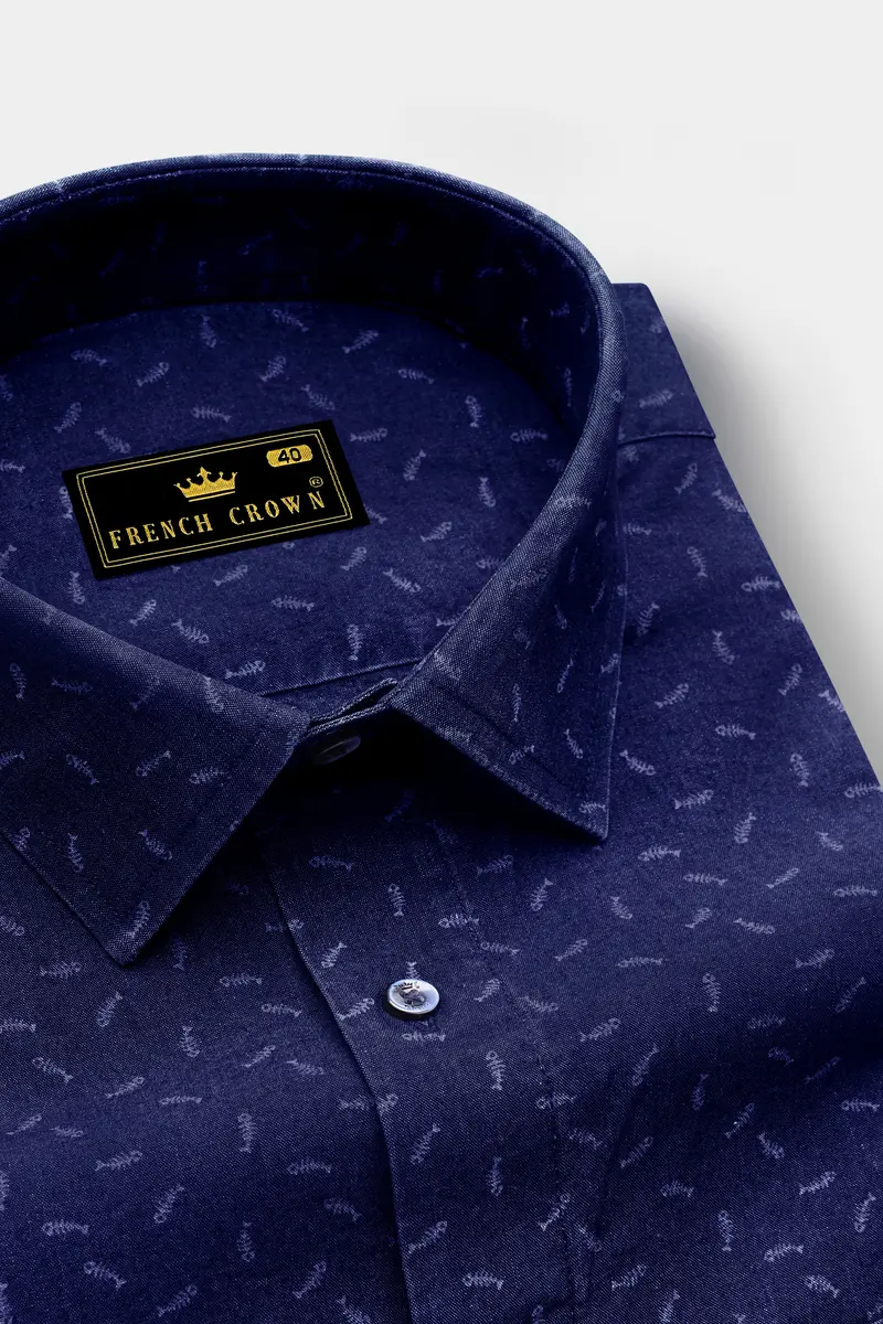 Bastille Blue Fish Printed Chambray Textured Premium Cotton Shirt 2