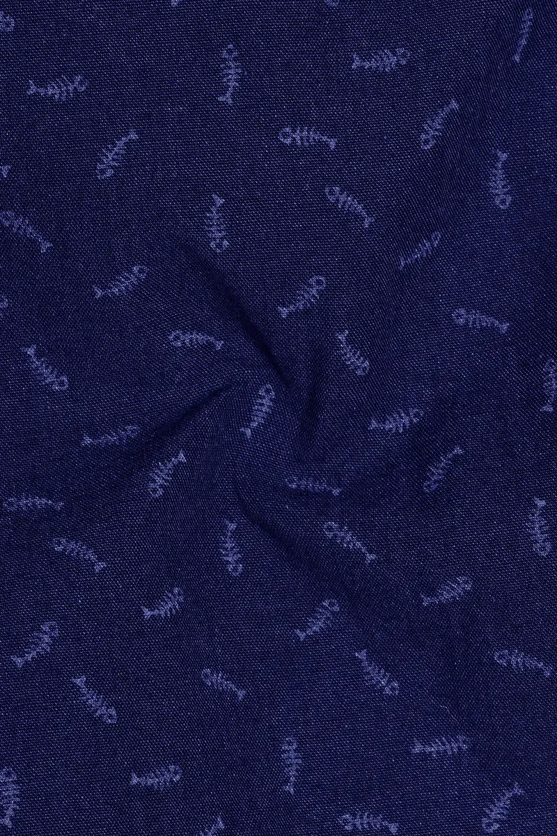 Bastille Blue Fish Printed Chambray Textured Premium Cotton Shirt 3