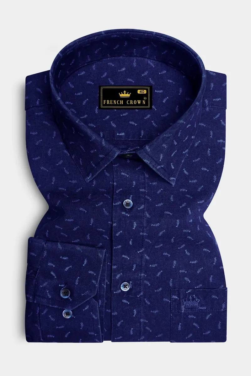 Bastille Blue Fish Printed Chambray Textured Premium Cotton Shirt 4