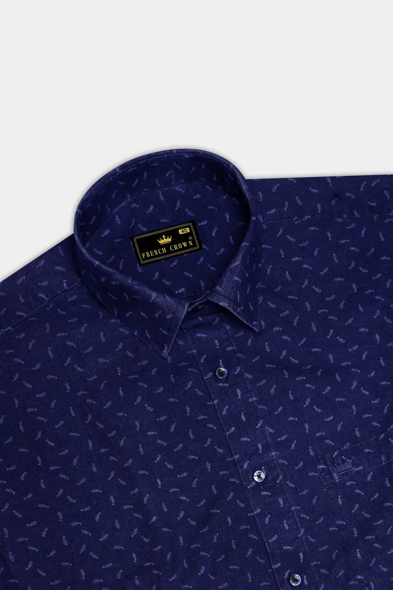 Bastille Blue Fish Printed Chambray Textured Premium Cotton Shirt 5