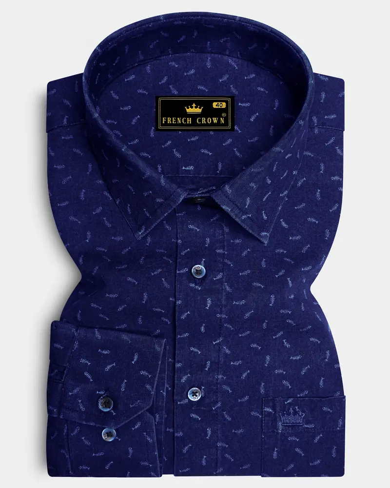 Bastille Blue Fish Printed Chambray Textured Premium Cotton Shirt 6