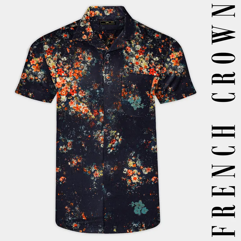 Bastille Blue With Tangerine Orange Digital Printed Super Soft Premium Cotton Shirt 1