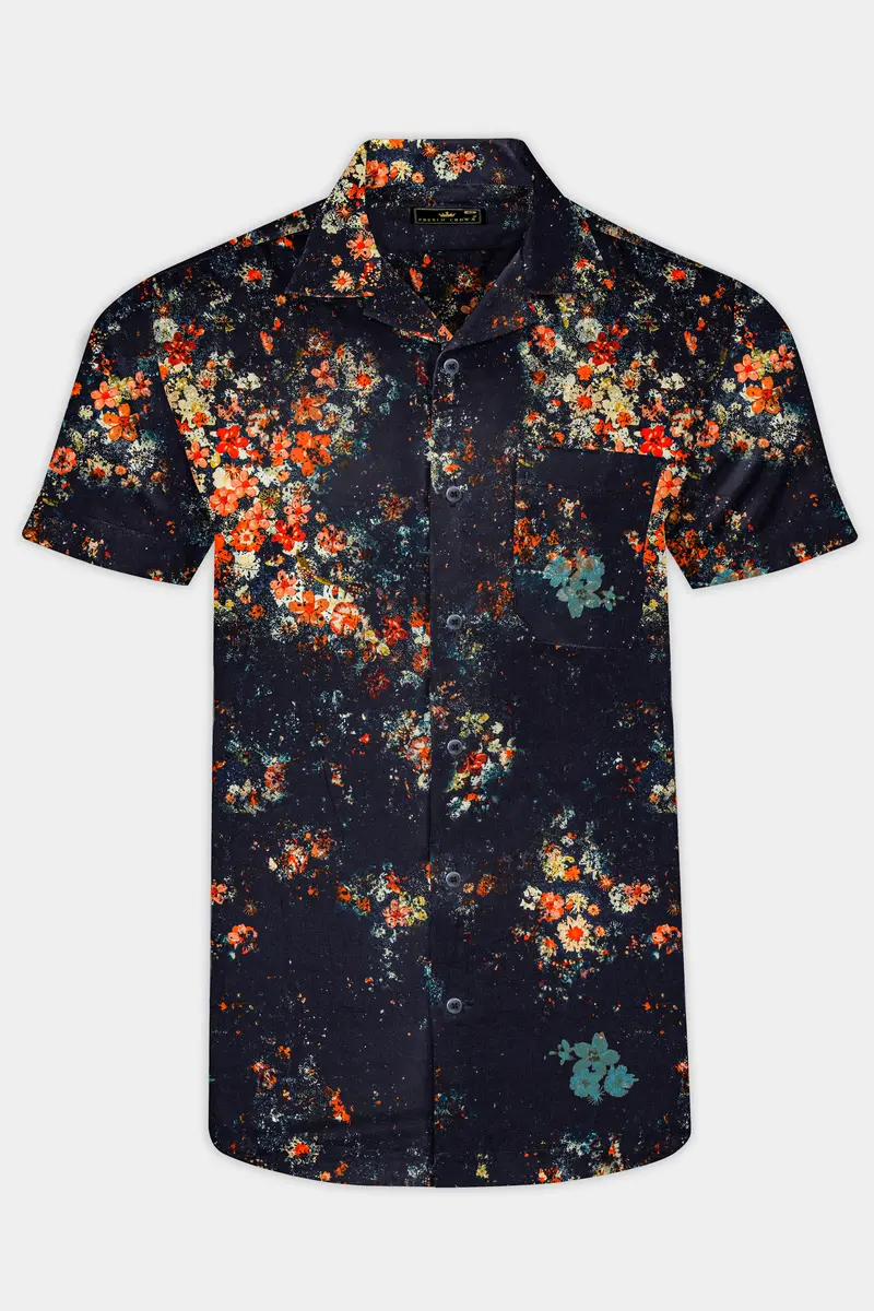 Bastille Blue With Tangerine Orange Digital Printed Super Soft Premium Cotton Shirt 2
