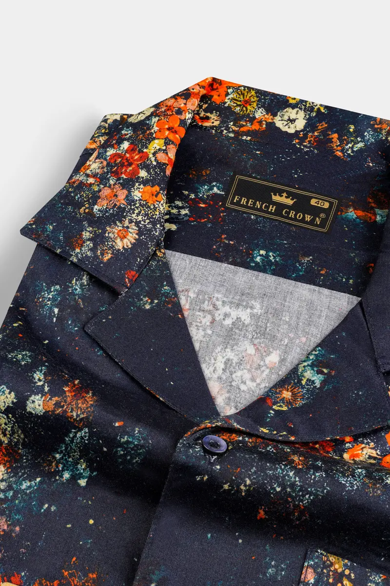 Bastille Blue With Tangerine Orange Digital Printed Super Soft Premium Cotton Shirt 4