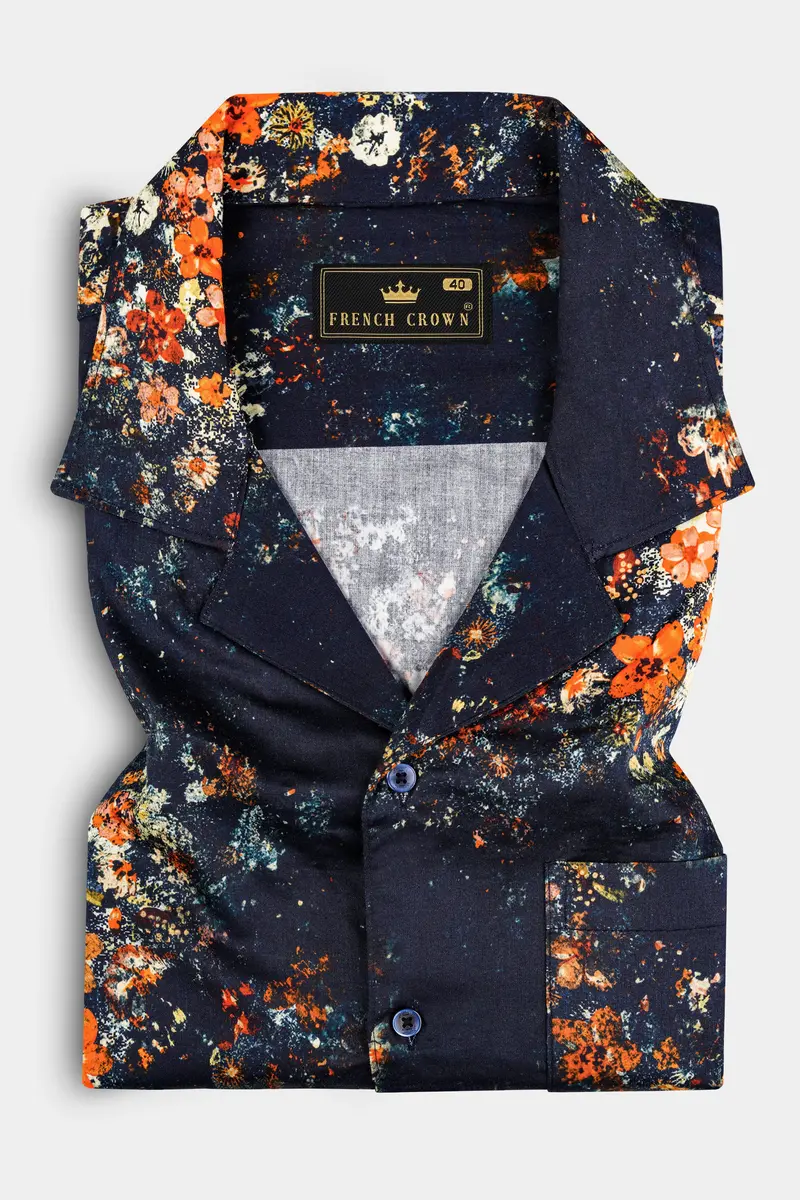 Bastille Blue With Tangerine Orange Digital Printed Super Soft Premium Cotton Shirt 5