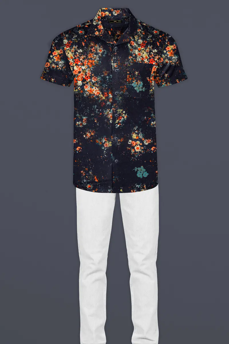 Bastille Blue With Tangerine Orange Digital Printed Super Soft Premium Cotton Shirt 7