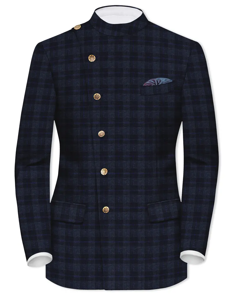 Bastille Grey Plaid Wool Rich Cross Placket Bandhgala Blazer 1