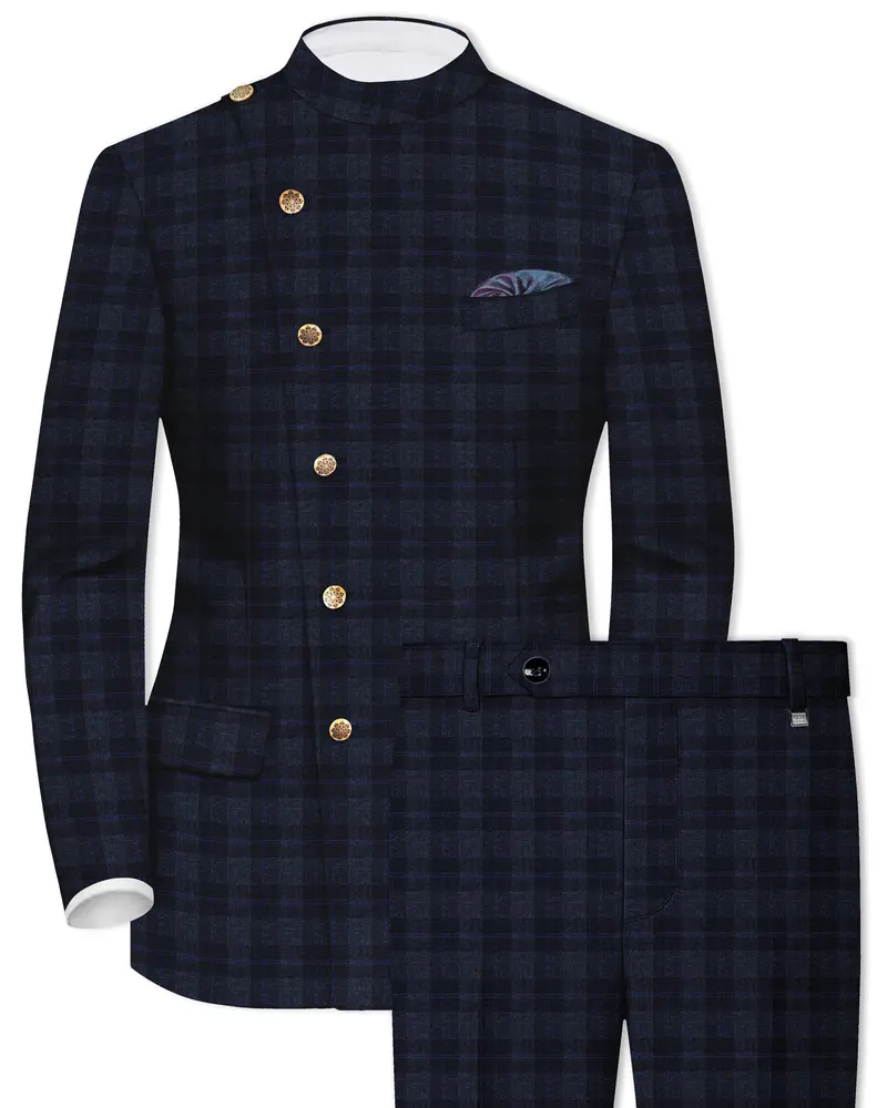 Bastille Grey Plaid Wool Rich Cross Placket Bandhgala Suit 1