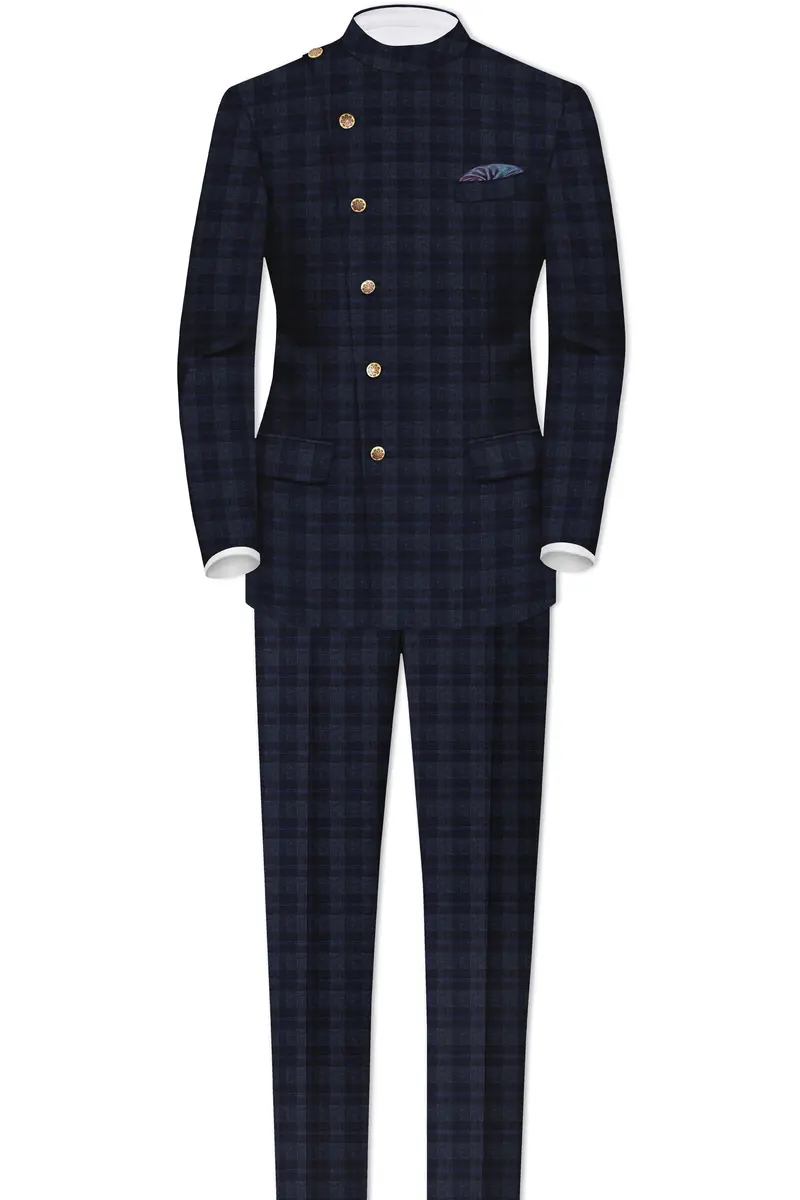 Bastille Grey Plaid Wool Rich Cross Placket Bandhgala Suit 16