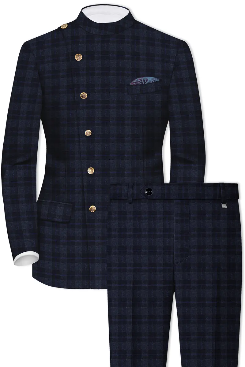 Bastille Grey Plaid Wool Rich Cross Placket Bandhgala Suit 2