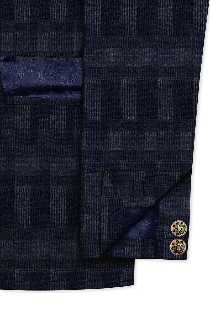 Bastille Grey Plaid Wool Rich Cross Placket Bandhgala Suit 5