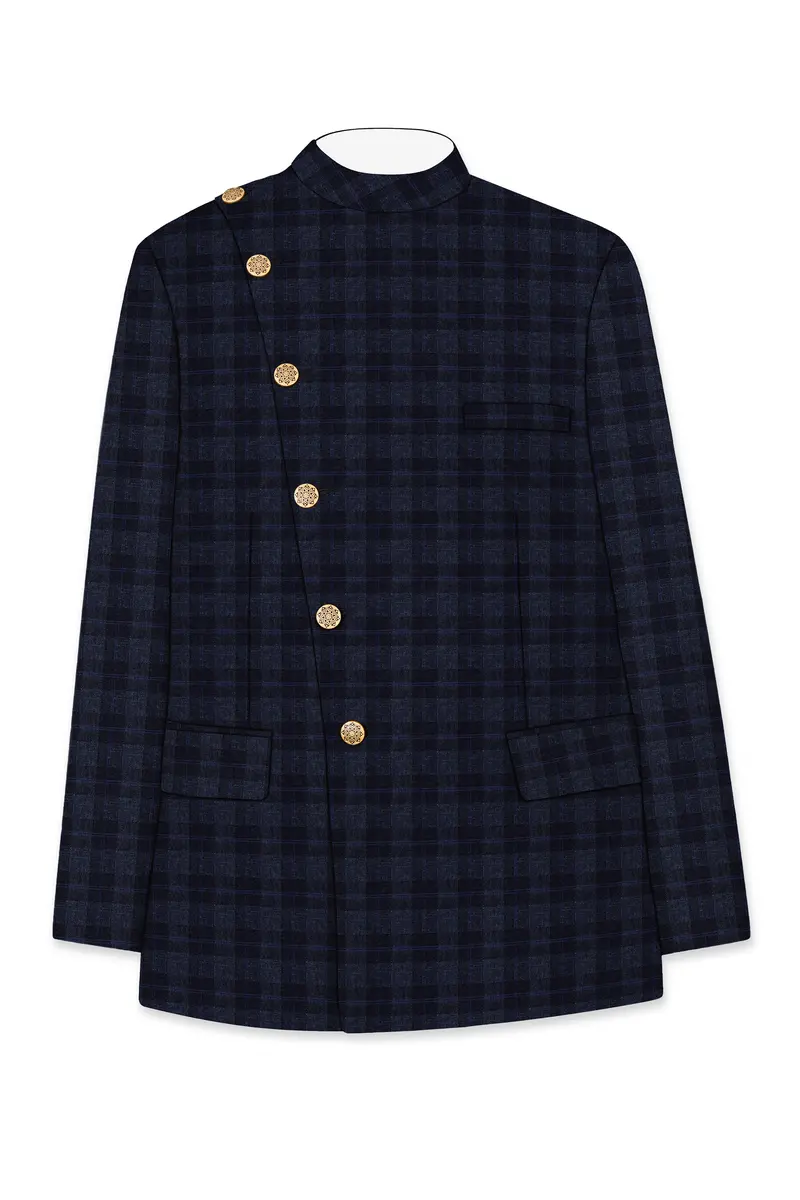 Bastille Grey Plaid Wool Rich Cross Placket Bandhgala Suit 6