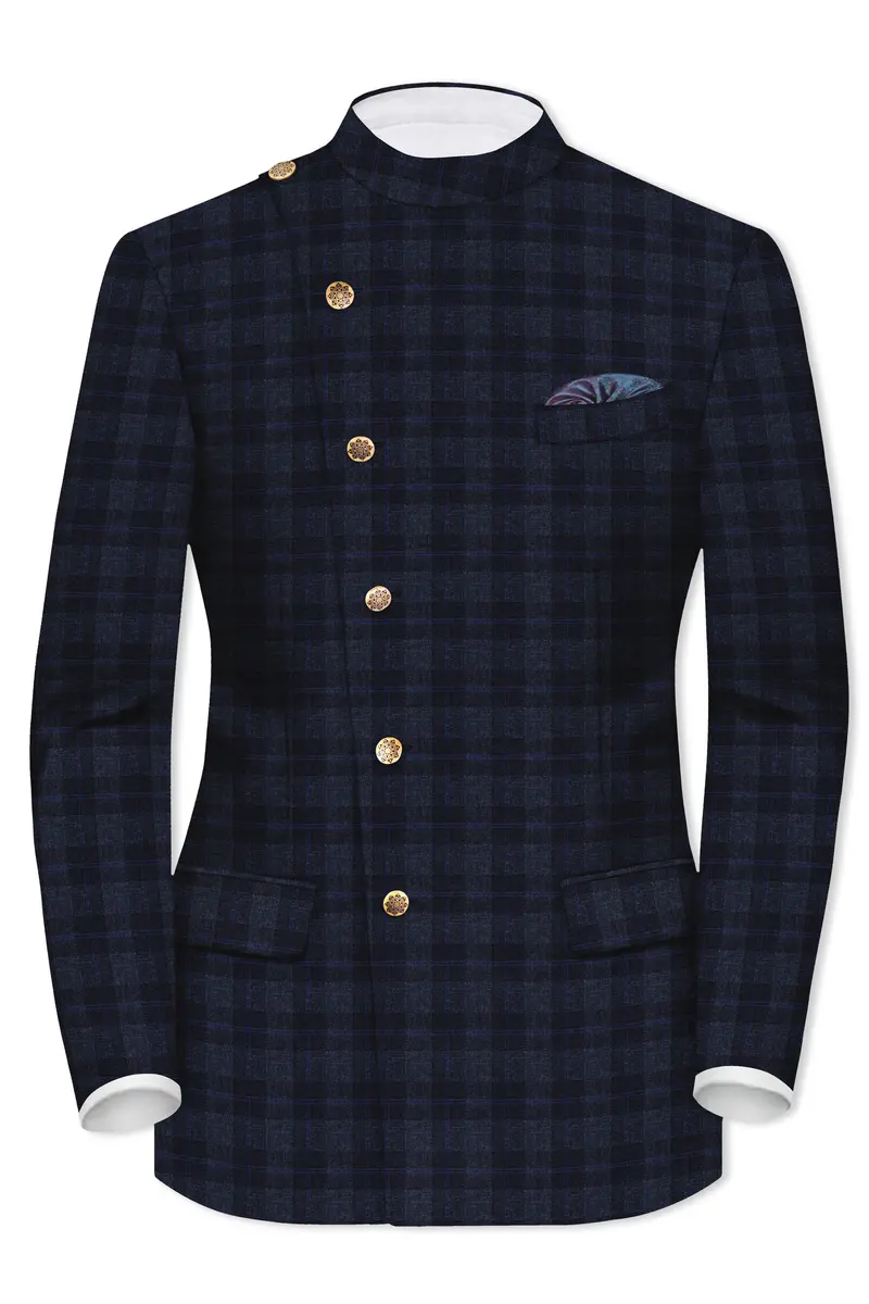 Bastille Grey Plaid Wool Rich Cross Placket Bandhgala Suit 8