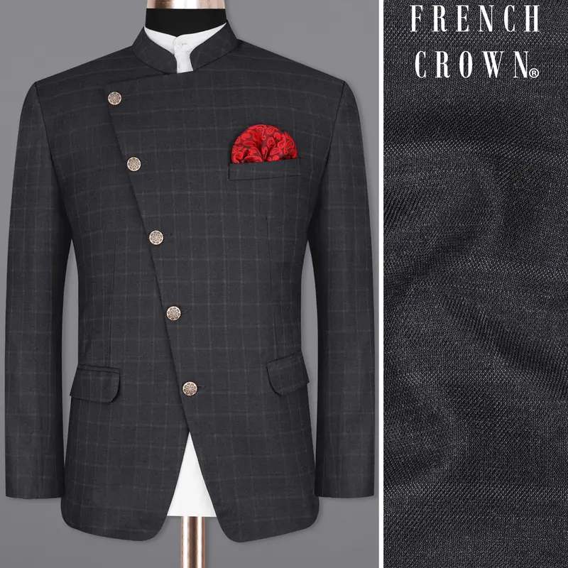 Bastille Light Black Windowpane Cross Placket Bandhgala Blazer 1