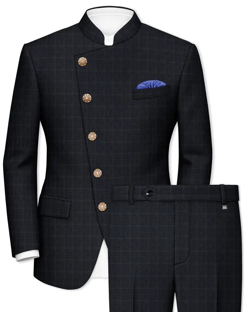Bastille Light Black Windowpane Cross Placket Bandhgala Suit 1