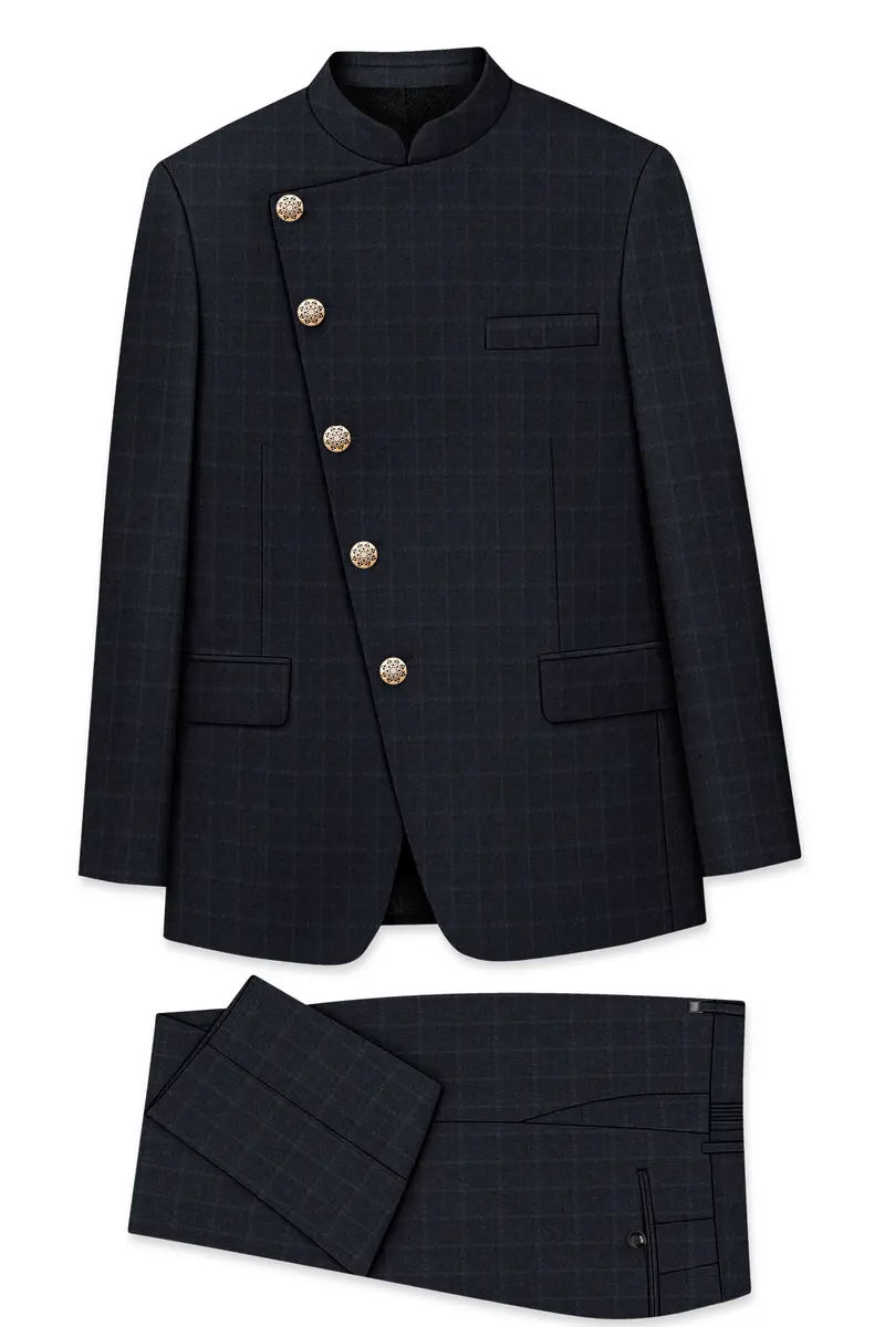 Bastille Light Black Windowpane Cross Placket Bandhgala Suit 10