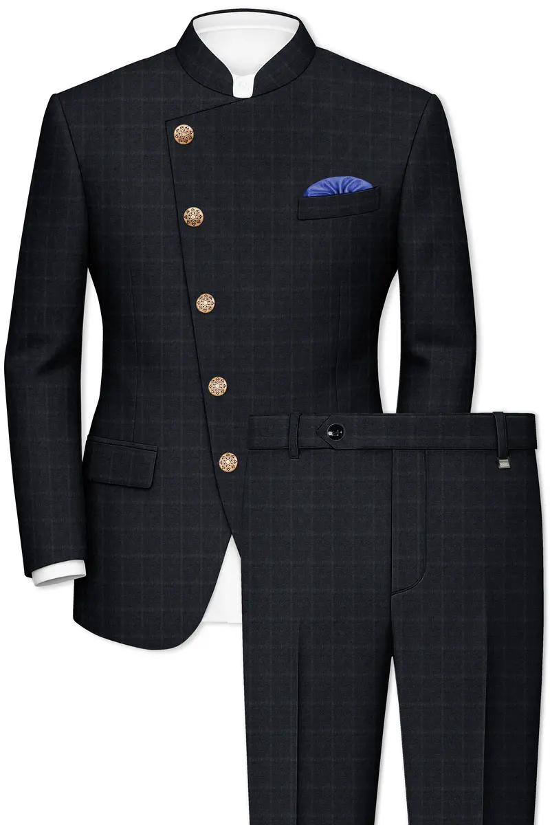 Bastille Light Black Windowpane Cross Placket Bandhgala Suit 2