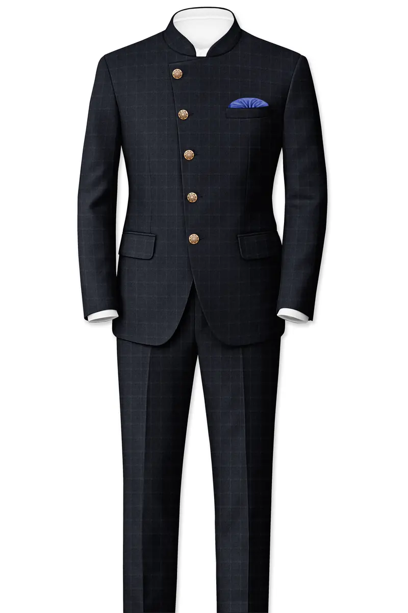 Bastille Light Black Windowpane Cross Placket Bandhgala Suit 4