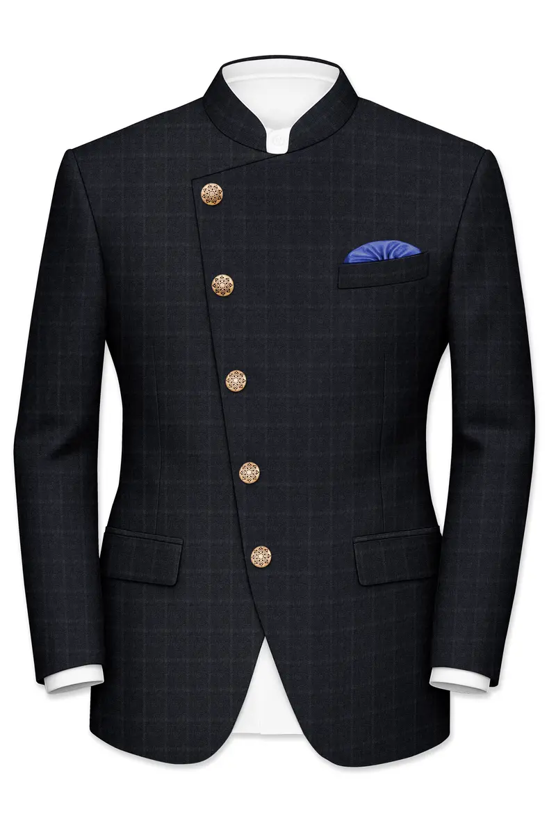 Bastille Light Black Windowpane Cross Placket Bandhgala Suit 9