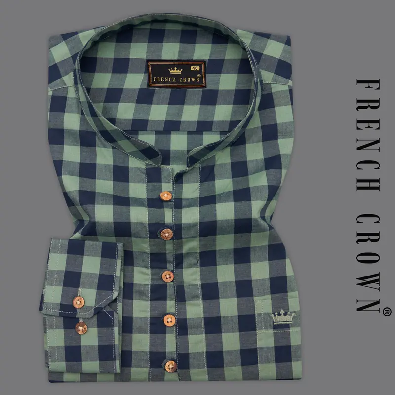 Battleship Green And Valhalla Blue Checkered Premium Cotton Kurta Shirt 1